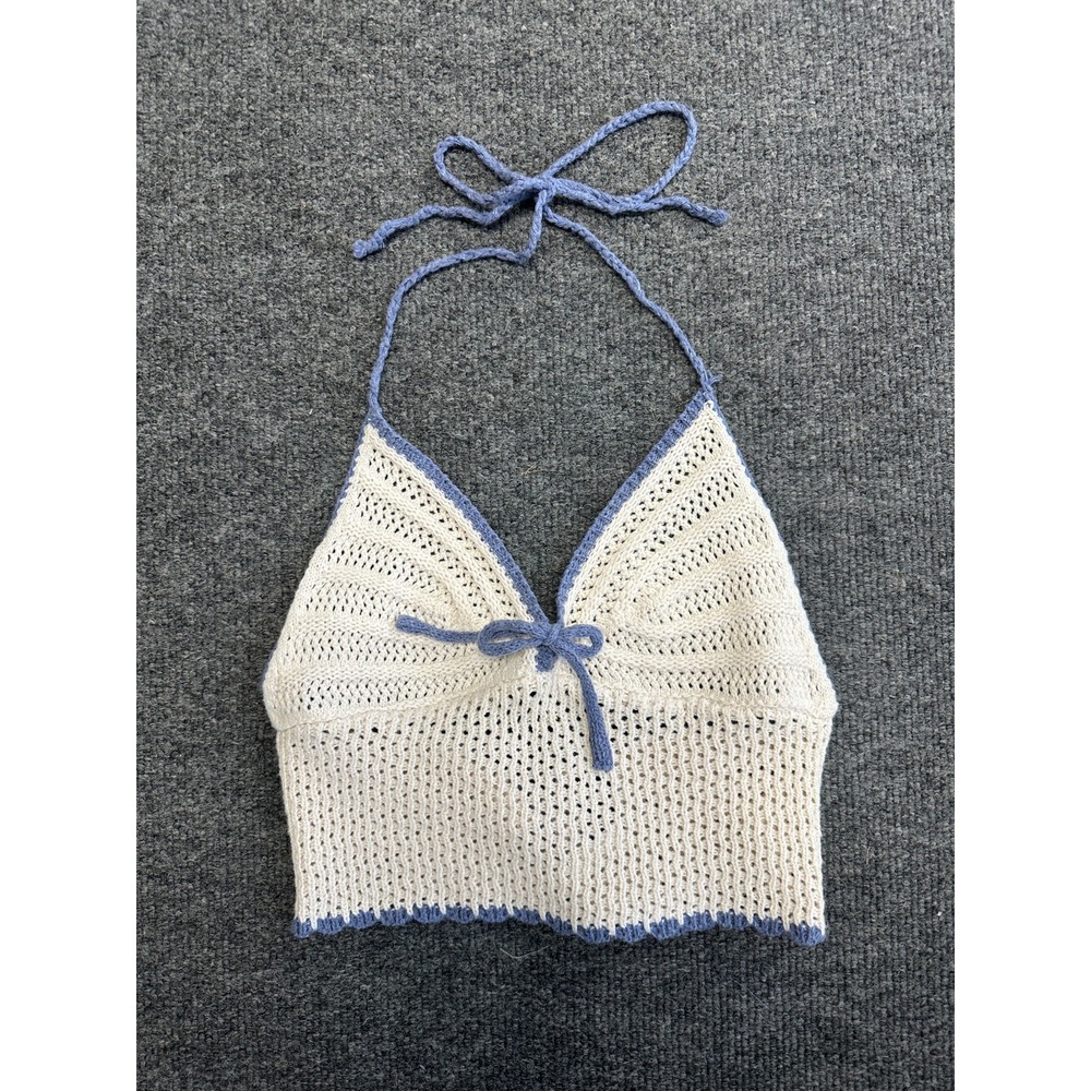 Romwe Crochet Halter Crop Top Womens S White Blue Boho Festival Summer Bralette